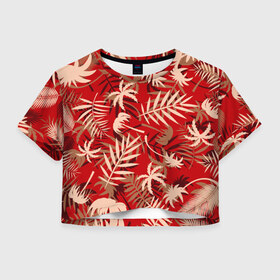 Женская футболка Crop-top 3D с принтом ТРОПИЧЕСКИЕ ПАЛЬМЫ. , 100% полиэстер | круглая горловина, длина футболки до линии талии, рукава с отворотами | 2020 | tropical | лето | лето2020 | листья | пальмы | тропические пальмы