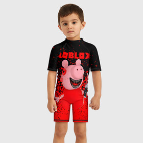 Детский купальный костюм 3D с принтом Roblox piggy Свинка Пигги. , Полиэстер 85%, Спандекс 15% | застежка на молнии на спине | game | gamer | logo | minecraft | piggi | roblox | simulator | игра | конструктор | лого | пигги | свинья | симулятор | строительство | фигура