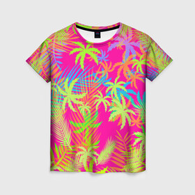 Женская футболка 3D с принтом ПАЛЬМЫ / ТРОПИКИ , 100% полиэфир ( синтетическое хлопкоподобное полотно) | прямой крой, круглый вырез горловины, длина до линии бедер | hotline miami | neon | new retro wave | outrun | outrun electro | palmen | pink | rainbow | retro | retrowave | summer | synth | synthwave | tropical | лето | неон | пальмы | радуга | ретро | розовый | тропики | хотлайн майами | цветы