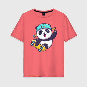 Женская футболка хлопок Oversize с принтом Панда скейтер , 100% хлопок | свободный крой, круглый ворот, спущенный рукав, длина до линии бедер
 | весёлая панда | милая панда | панда | панда на скейте | панда скейтер | радостная панда | скейт | скейтер