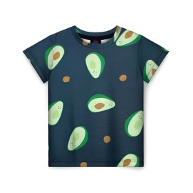 Детская футболка 3D с принтом Авокадо , 100% гипоаллергенный полиэфир | прямой крой, круглый вырез горловины, длина до линии бедер, чуть спущенное плечо, ткань немного тянется | Тематика изображения на принте: авокадо | арт | зеленый | косточка | разрез | рисунок | темный | фрукт | черный