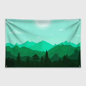 Флаг-баннер с принтом Горы пейзаж дикая природа , 100% полиэстер | размер 67 х 109 см, плотность ткани — 95 г/м2; по краям флага есть четыре люверса для крепления | вектор | горы | зеленый | лето | образ | отдых | пейзаж | природа | рисунок | силуэт | солнце