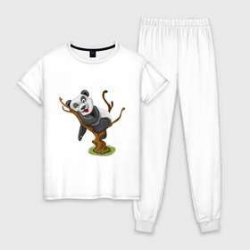 Женская пижама хлопок с принтом Смешная панда , 100% хлопок | брюки и футболка прямого кроя, без карманов, на брюках мягкая резинка на поясе и по низу штанин | exclusive merch | дерево | детская | животные | звери | панда | смешная | спит | язык