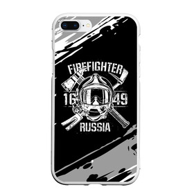 Чехол для iPhone 7/8 Plus матовый с принтом FIREFIGHTER 1649 RUSSIA , Силикон | Область печати: задняя сторона чехла, без боковых панелей | Тематика изображения на принте: 112 | 27 декабря | firefighter | багор | белая | герб | гкчс | знак | лого | логотип | маска | мчс | мчсник | пожарная охрана | пожарник | пожарный | пч | россии | рф | серая | символ | служба | состаренная