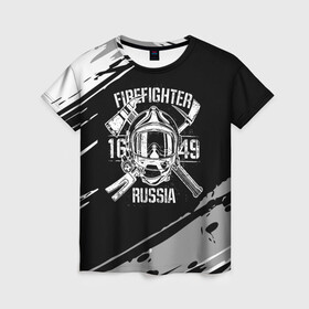 Женская футболка 3D с принтом FIREFIGHTER 1649 RUSSIA , 100% полиэфир ( синтетическое хлопкоподобное полотно) | прямой крой, круглый вырез горловины, длина до линии бедер | 112 | 27 декабря | firefighter | багор | белая | герб | гкчс | знак | лого | логотип | маска | мчс | мчсник | пожарная охрана | пожарник | пожарный | пч | россии | рф | серая | символ | служба | состаренная