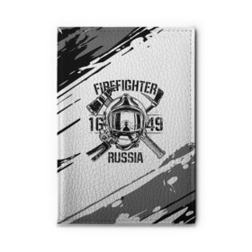 Обложка для автодокументов с принтом FIREFIGHTER 1649 RUSSIA , натуральная кожа |  размер 19,9*13 см; внутри 4 больших “конверта” для документов и один маленький отдел — туда идеально встанут права | Тематика изображения на принте: 112 | 27 декабря | firefighter | багор | белая | герб | гкчс | знак | лого | логотип | маска | мчс | мчсник | пожарная охрана | пожарник | пожарный | пч | россии | рф | серая | символ | служба | состаренная