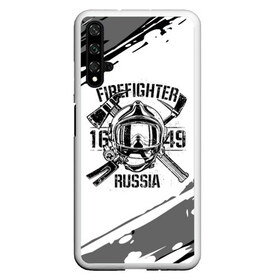 Чехол для Honor 20 с принтом FIREFIGHTER 1649 RUSSIA , Силикон | Область печати: задняя сторона чехла, без боковых панелей | 112 | 27 декабря | firefighter | багор | белая | герб | гкчс | знак | лого | логотип | маска | мчс | мчсник | пожарная охрана | пожарник | пожарный | пч | россии | рф | серая | символ | служба | состаренная