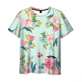 Мужская футболка 3D с принтом Цветы , 100% полиэфир | прямой крой, круглый вырез горловины, длина до линии бедер | 2020 | summer | желтый | зеленый | летний принт | лето | розовые цветы | розовый | цветочки | цветы