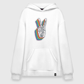 Худи SuperOversize хлопок с принтом PEACE LOVE HOPE (Z) , 70% хлопок, 30% полиэстер, мягкий начес внутри | карман-кенгуру, эластичная резинка на манжетах и по нижней кромке, двухслойный капюшон
 | hope | love | peace | два пальца | жесть | знак | любить | любовь | мир | радуга | хипи | хиппи