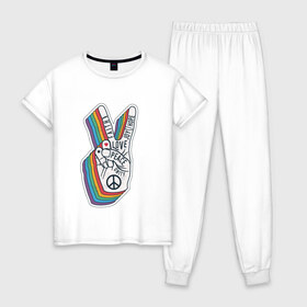Женская пижама хлопок с принтом PEACE LOVE HOPE (Z) , 100% хлопок | брюки и футболка прямого кроя, без карманов, на брюках мягкая резинка на поясе и по низу штанин | hope | love | peace | два пальца | жесть | знак | любить | любовь | мир | радуга | хипи | хиппи