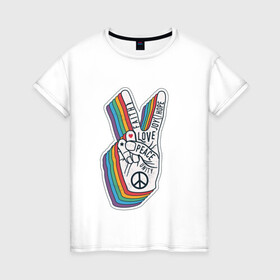 Женская футболка хлопок с принтом PEACE LOVE HOPE (Z) , 100% хлопок | прямой крой, круглый вырез горловины, длина до линии бедер, слегка спущенное плечо | hope | love | peace | два пальца | жесть | знак | любить | любовь | мир | радуга | хипи | хиппи
