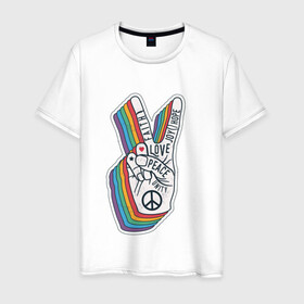 Мужская футболка хлопок с принтом PEACE LOVE HOPE (Z) , 100% хлопок | прямой крой, круглый вырез горловины, длина до линии бедер, слегка спущенное плечо. | Тематика изображения на принте: hope | love | peace | два пальца | жесть | знак | любить | любовь | мир | радуга | хипи | хиппи