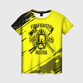 Женская футболка 3D с принтом FIREFIGHTER 1649 RUSSIA , 100% полиэфир ( синтетическое хлопкоподобное полотно) | прямой крой, круглый вырез горловины, длина до линии бедер | 112 | firefighter | багор | герб | гкчс | желтая | знак | лого | логотип | мчс | мчсник | пожарная охрана | пожарник | пожарный | пч | россии | рф | серая | символ | служба | спасатель | спасения | топор | флаг