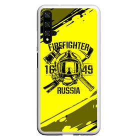 Чехол для Honor 20 с принтом FIREFIGHTER 1649 RUSSIA , Силикон | Область печати: задняя сторона чехла, без боковых панелей | 112 | firefighter | багор | герб | гкчс | желтая | знак | лого | логотип | мчс | мчсник | пожарная охрана | пожарник | пожарный | пч | россии | рф | серая | символ | служба | спасатель | спасения | топор | флаг