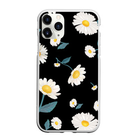 Чехол для iPhone 11 Pro матовый с принтом Ромашки , Силикон |  | белый | для девушек | желтый | летний принт | листочки цветов | ромашка | ромашки | цветочки | цветы | черный фон