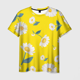 Мужская футболка 3D с принтом Ромашки , 100% полиэфир | прямой крой, круглый вырез горловины, длина до линии бедер | белый | для девушек | желтый | желтый фон | летний принт | листочки цветов | ромашка | ромашки | цветочки | цветы