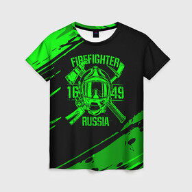 Женская футболка 3D с принтом FIREFIGHTER 1649 RUSSIA , 100% полиэфир ( синтетическое хлопкоподобное полотно) | прямой крой, круглый вырез горловины, длина до линии бедер | 112 | firefighter | багор | герб | гкчс | зеленая | знак | лого | логотип | мчс | мчсник | пожарная охрана | пожарник | пожарный | пч | россии | рф | серая | символ | служба | спасатель | спасения | топор | флаг