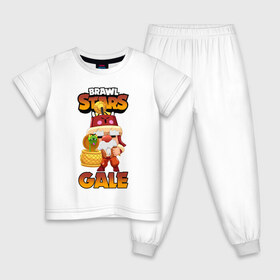 Детская пижама хлопок с принтом BRAWL STARS GALE | ГЕЙЛ , 100% хлопок |  брюки и футболка прямого кроя, без карманов, на брюках мягкая резинка на поясе и по низу штанин
 | Тематика изображения на принте: bibi | brawl stars | coach mike | crow | evil gene | gale | gene | leon | leon shark | max | mecha crow | mortis | mr.p | nani | phoenix | sally leon | sandy | spike | sprout | tara | virus 8 bit | werewolf | ворон | джин | оборотень