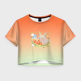 Женская футболка Crop-top 3D с принтом Семейство Тоторо ест арбуз  , 100% полиэстер | круглая горловина, длина футболки до линии талии, рукава с отворотами | аниме | арбуз | арт | вкуснота | вкусняшка | гибли | кот | котобус | котя | красный | лето | миядзаки хаяо | мой сосед тоторо | персонаж | рамка | розовый | сочный | студия гибли | тоторо | фрукт | ягода