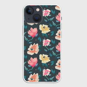 Чехол для iPhone 13 mini с принтом Акварельные цветы ,  |  | floral | flowers | pastel | pattern | pink | texture | watercolor | акварель | букет | картина | красками | краски | листья | маки | настроение | пастель | пионы | рисунок | розовые | розы | ромашки | сад | цветки | цветочки