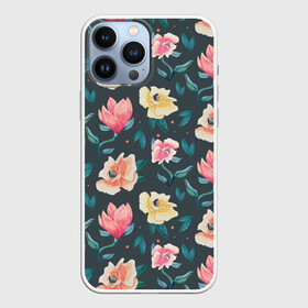 Чехол для iPhone 13 Pro Max с принтом Акварельные цветы ,  |  | floral | flowers | pastel | pattern | pink | texture | watercolor | акварель | букет | картина | красками | краски | листья | маки | настроение | пастель | пионы | рисунок | розовые | розы | ромашки | сад | цветки | цветочки