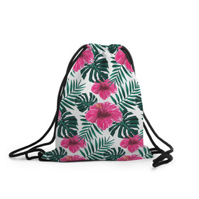Рюкзак-мешок 3D с принтом Гавайский гибискус , 100% полиэстер | плотность ткани — 200 г/м2, размер — 35 х 45 см; лямки — толстые шнурки, застежка на шнуровке, без карманов и подкладки | Тематика изображения на принте: flower | hawaii | hibiscus | palms | summer | sun | ботаника | гаваи | гавайи | гавайка | гавайская | гибискус | красочная | летняя | лето | листья | отдых | отпуск | пальма | пальмы | пляж | растения | символ