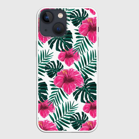 Чехол для iPhone 13 mini с принтом Гавайский гибискус ,  |  | Тематика изображения на принте: flower | hawaii | hibiscus | palms | summer | sun | ботаника | гаваи | гавайи | гавайка | гавайская | гибискус | красочная | летняя | лето | листья | отдых | отпуск | пальма | пальмы | пляж | растения | символ