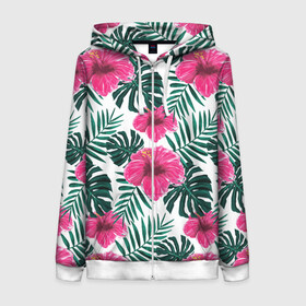 Женская толстовка 3D на молнии с принтом Гавайский гибискус , 100% полиэстер | длина до линии бедра, манжеты и пояс оформлены мягкой тканевой резинкой, двухслойный капюшон со шнурком для регулировки, спереди молния, по бокам два кармана | flower | hawaii | hibiscus | palms | summer | sun | ботаника | гаваи | гавайи | гавайка | гавайская | гибискус | красочная | летняя | лето | листья | отдых | отпуск | пальма | пальмы | пляж | растения | символ