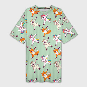 Платье-футболка 3D с принтом Dabbing Animals ,  |  | dab | fox | goat | unicorn | даб | даббинг | детская | для девочек | для девушек | для детей | для мальчиков | дэббинг | единорог | единороги | звери | зверюшки | зверята | козел | лис | лиса | лисенок | лисичка | л