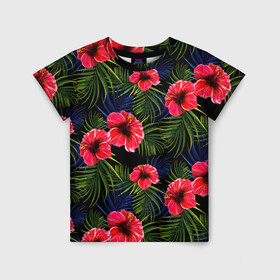 Детская футболка 3D с принтом Тропические цветы и листья , 100% гипоаллергенный полиэфир | прямой крой, круглый вырез горловины, длина до линии бедер, чуть спущенное плечо, ткань немного тянется | Тематика изображения на принте: flower | flowers | palms | summer | sun | tropical | ботаника | гавайи hawaii | гавайка | гавайская | красочная | летняя | лето | листья | отдых | отпуск | пальма | пальмы | пляж | растения | символ | тропики | тропические
