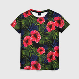 Женская футболка 3D с принтом Тропические цветы и листья , 100% полиэфир ( синтетическое хлопкоподобное полотно) | прямой крой, круглый вырез горловины, длина до линии бедер | flower | flowers | palms | summer | sun | tropical | ботаника | гавайи hawaii | гавайка | гавайская | красочная | летняя | лето | листья | отдых | отпуск | пальма | пальмы | пляж | растения | символ | тропики | тропические