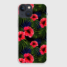 Чехол для iPhone 13 mini с принтом Тропические цветы и листья ,  |  | Тематика изображения на принте: flower | flowers | palms | summer | sun | tropical | ботаника | гавайи hawaii | гавайка | гавайская | красочная | летняя | лето | листья | отдых | отпуск | пальма | пальмы | пляж | растения | символ | тропики | тропические
