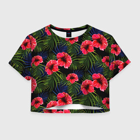 Женская футболка Crop-top 3D с принтом Тропические цветы и листья , 100% полиэстер | круглая горловина, длина футболки до линии талии, рукава с отворотами | flower | flowers | palms | summer | sun | tropical | ботаника | гавайи hawaii | гавайка | гавайская | красочная | летняя | лето | листья | отдых | отпуск | пальма | пальмы | пляж | растения | символ | тропики | тропические