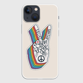 Чехол для iPhone 13 mini с принтом PEACE and LOVE | МИР и ЛЮБОВЬ (Z) ,  |  | Тематика изображения на принте: hope | love | peace | два пальца | жесть | знак | любить | любовь | мир | радуга | хипи | хиппи