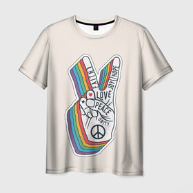 Мужская футболка 3D с принтом PEACE and LOVE (Z) , 100% полиэфир | прямой крой, круглый вырез горловины, длина до линии бедер | Тематика изображения на принте: hope | love | peace | два пальца | жесть | знак | любить | любовь | мир | радуга | хипи | хиппи