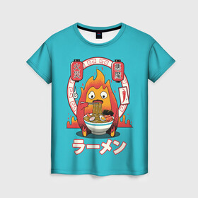 Женская футболка 3D с принтом Calcifer & ramen , 100% полиэфир ( синтетическое хлопкоподобное полотно) | прямой крой, круглый вырез горловины, длина до линии бедер | ведьма пустоши | кальцифер | маркл | пугало | пугало репка | софи | софи хаттер | хаул | хаул пендрагон | ходячий замок | ходячий замок хаула