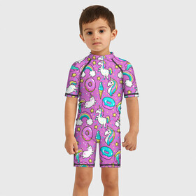 Детский купальный костюм 3D с принтом Pink unicorn , Полиэстер 85%, Спандекс 15% | застежка на молнии на спине | cat | donuts | pink | unicorn | единорог | котики | пончики | розовый