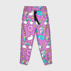Детские брюки 3D с принтом Pink unicorn , 100% полиэстер | манжеты по низу, эластичный пояс регулируется шнурком, по бокам два кармана без застежек, внутренняя часть кармана из мелкой сетки | cat | donuts | pink | unicorn | единорог | котики | пончики | розовый