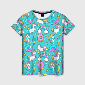 Женская футболка 3D с принтом Turquoise unicorn , 100% полиэфир ( синтетическое хлопкоподобное полотно) | прямой крой, круглый вырез горловины, длина до линии бедер | cat | donuts | turquoise | unicorn | бирюзовый | единорог | котики | пончики