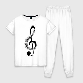 Женская пижама хлопок с принтом Скрипичный ключ и клавиши , 100% хлопок | брюки и футболка прямого кроя, без карманов, на брюках мягкая резинка на поясе и по низу штанин | арт | звук | клавиши | музыка | музыкант | ноты | символ | скрипичный ключ | схема | фортепиано