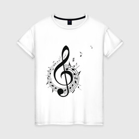 Женская футболка хлопок с принтом Скрипичный ключ ноты по кругу  , 100% хлопок | прямой крой, круглый вырез горловины, длина до линии бедер, слегка спущенное плечо | арт | звук | клавиши | музыка | музыкант | нотный стан | ноты | по кругу | символ | скрипичный ключ | схема | фортепиано