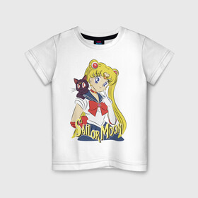 Детская футболка хлопок с принтом Sailor Moon & Luna , 100% хлопок | круглый вырез горловины, полуприлегающий силуэт, длина до линии бедер | Тематика изображения на принте: cat | girl | kitty | luna | moon | sailor moon | sailormoon | девочка | кот | котик | котэ | кошка | луна | мультяшка | сейлормун | сэйлор мун