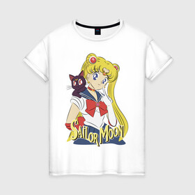Женская футболка хлопок с принтом Sailor Moon & Luna , 100% хлопок | прямой крой, круглый вырез горловины, длина до линии бедер, слегка спущенное плечо | Тематика изображения на принте: cat | girl | kitty | luna | moon | sailor moon | sailormoon | девочка | кот | котик | котэ | кошка | луна | мультяшка | сейлормун | сэйлор мун