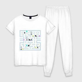 Женская пижама хлопок с принтом Pac-Man , 100% хлопок | брюки и футболка прямого кроя, без карманов, на брюках мягкая резинка на поясе и по низу штанин | arcade | dendi | game | pac | pac man | pacman | retro | аркада | видеоигра | деньди | дэньди | игра | колобок | пакман | пакмэн | ретро