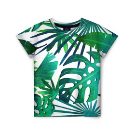 Детская футболка 3D с принтом Тропические листья на светлом , 100% гипоаллергенный полиэфир | прямой крой, круглый вырез горловины, длина до линии бедер, чуть спущенное плечо, ткань немного тянется | Тематика изображения на принте: 