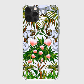 Чехол для iPhone 12 Pro Max с принтом Обезьяны персики пальмы лето , Силикон |  | Тематика изображения на принте: 2020 | весна | животный | зеленый | лето | листики | листочки | листья | макаки | мартышки | обезьяны | отдых | отпуск | пальмы | паттерн | персики | повседневность | редкие | рисунок | средний | тропики
