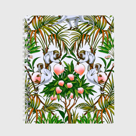 Тетрадь с принтом Обезьяны персики пальмы лето , 100% бумага | 48 листов, плотность листов — 60 г/м2, плотность картонной обложки — 250 г/м2. Листы скреплены сбоку удобной пружинной спиралью. Уголки страниц и обложки скругленные. Цвет линий — светло-серый
 | 2020 | весна | животный | зеленый | лето | листики | листочки | листья | макаки | мартышки | обезьяны | отдых | отпуск | пальмы | паттерн | персики | повседневность | редкие | рисунок | средний | тропики