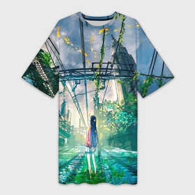 Платье-футболка 3D с принтом Девушка одна в аниме мире ,  |  | аниме | архитектура | бабочки | город | девушка | здание | иллюстрация | мир | одиночество | растения | рисунок | рыбы | свет | улица | фон
