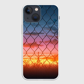 Чехол для iPhone 13 mini с принтом Закат сквозь сетку необычно ,  |  | аниме | город | закат | индустриальный | необычно | пейзаж | рисунок | сетка