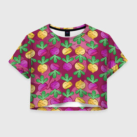 Женская футболка Crop-top 3D с принтом Репа и Свекла , 100% полиэстер | круглая горловина, длина футболки до линии талии, рукава с отворотами | Тематика изображения на принте: зеленый | овощи | репа | свекла | фиолетовый